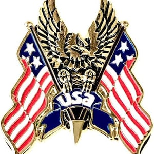 Könnte beinhalten: Goldene Anstecknadel mit einem Weißkopfseeadler, der zwei gekreuzte amerikanische Flaggen hält. Der Adler hält ein Banner mit der Aufschrift "USA".