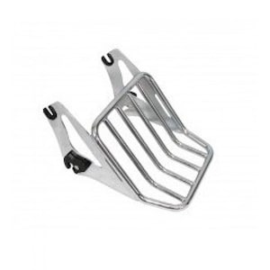 May include: Chrome motorcycle luggage rack with a wire mesh design. The rack has two mounting brackets on the sides.