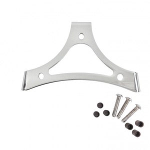 May include: Chrome plated metal bracket with three holes and a curved shape. The bracket comes with four screws and four washers.