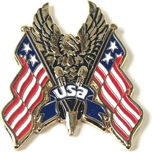 May include: Gold-tone metal pin featuring a bald eagle with outstretched wings holding two crossed American flags. The eagle is perched on a spear with a blue banner that reads "USA".