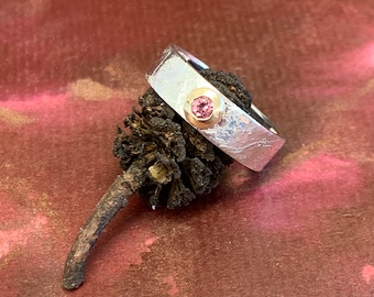 Pink Tourmaline Ring Etched Silver Gold Set
