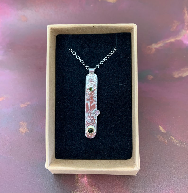 Pink and Green Tourmaline Etched Silver Pendant Gold Settings image 2