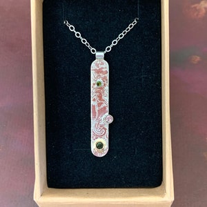 Pink and Green Tourmaline Etched Silver Pendant Gold Settings image 4