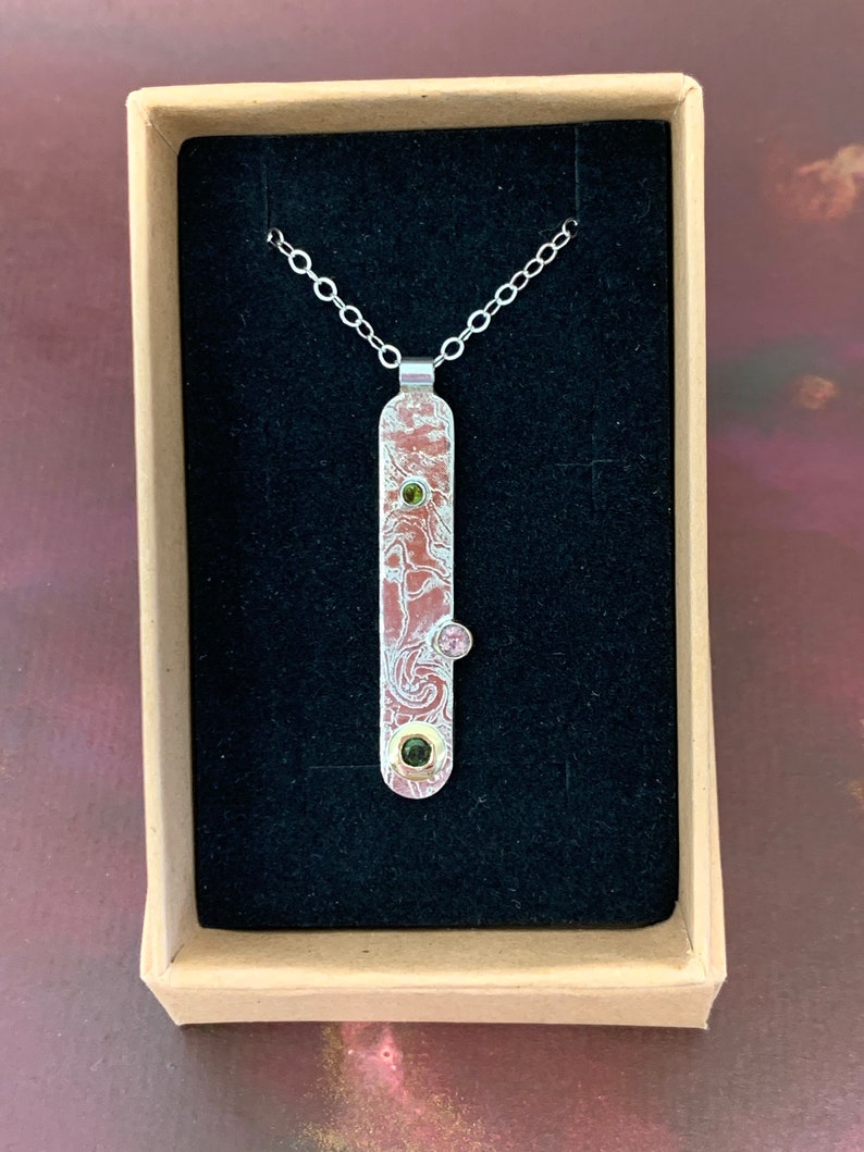 Pink and Green Tourmaline Etched Silver Pendant Gold Settings image 4