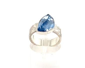 Rose Cut Swiss Blue Topaz Etched Silver Statement Ring - Magwitchery