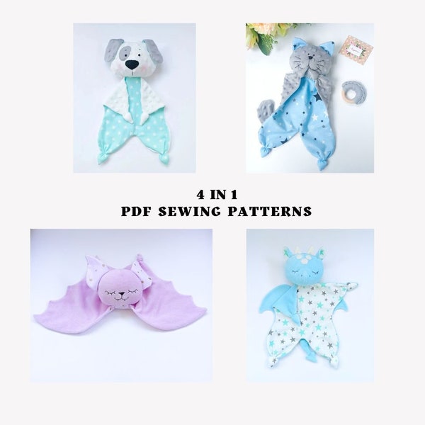 4 in 1 sewing pattern set Puppy lovey, Cat lovey, Bat lovey and Dragon lovey Security Blanket