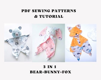 3 in 1 PDF sewing pattern Bear lovey, Bunny lovey and Fox lovey Security Blanket Digital Download