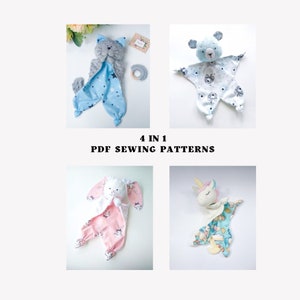 May include: Four PDF sewing patterns for making plush toys. The patterns include a cat, a bear, a bunny, and a unicorn. Each pattern features a different color and design.