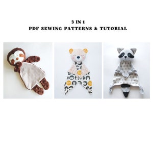 3 in 1 sewing pattern set Bear Lovey, Sloth lovey, Raccoon lovey Security Blanket