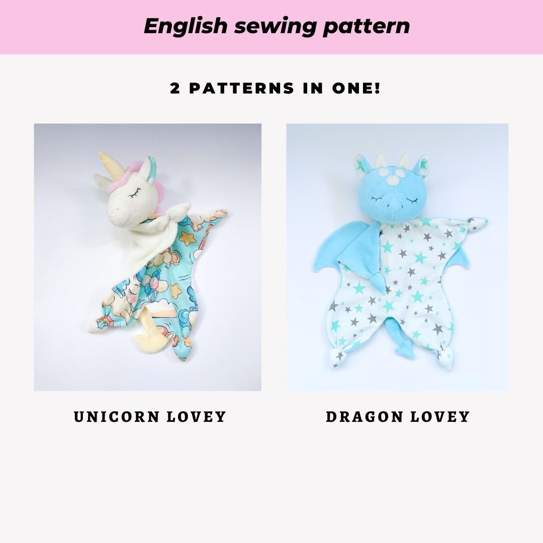 in PDF Sewing Pattern Dragon Comforter and Unicorn Baby Lovey