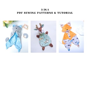 3 in 1 PDF sewing pattern Cat lovey, Deer lovey and Fox lovey Security Blanket Digital Download