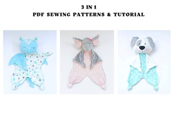 3 in 1 PDF sewing pattern Dragon lovey, Elephant lovey and Puppy lovey Security Blanket Digital Download