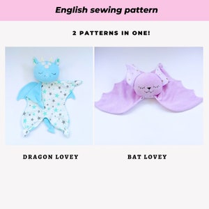 2 in 1 PDF sewing pattern Dragon and Bat Baby lovey Baby comforter