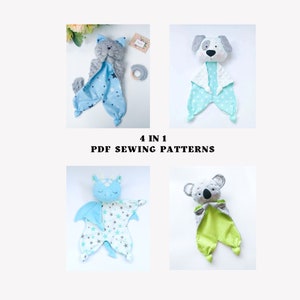4 in 1 sewing pattern set Cat lovey, Dragon lovey, Koala lovey and Puppy lovey Security Blanket