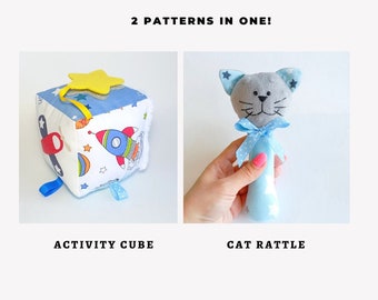 2 in 1 PDF sewing pattern Kitty baby rattle and Activity cube
