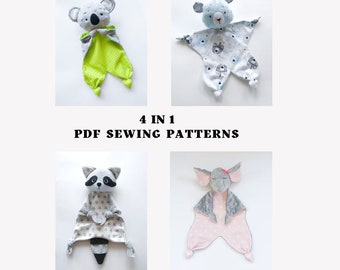 4 in 1 sewing pattern set Koala lovey, Bear lovey, Raccoon lovey and Elephant lovey Security Blanket