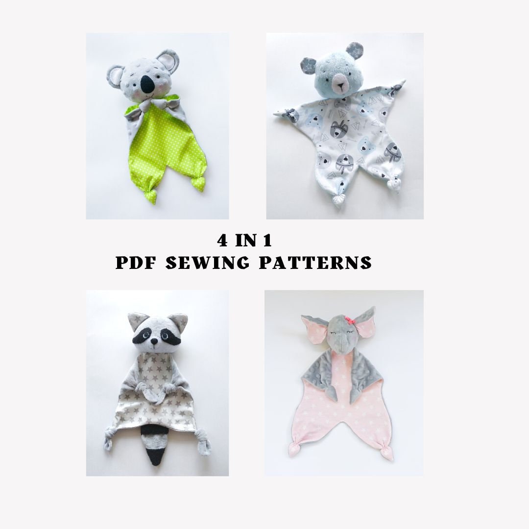 4 in 1 sewing pattern set Koala lovey, Bear lovey, Raccoon lovey and Elephant lovey Security Blanket