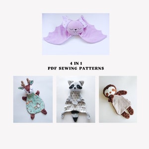 May include: Four PDF sewing patterns for making plush toys. The patterns include a bat, a deer, a raccoon, and a sloth. Each pattern features a cute animal face and a soft, cuddly body.