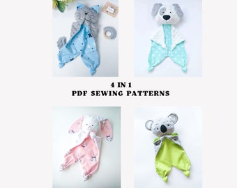 4 in 1 sewing pattern set Cat lovey, Puppy lovey, Koala lovey and Bunny lovey Security Blanket