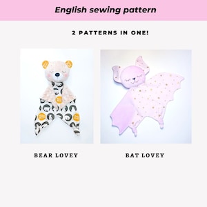 2 en 1 PDF Patrón de costura Oso y murciélago Manta de seguridad Bebé adorable Animal de peluche