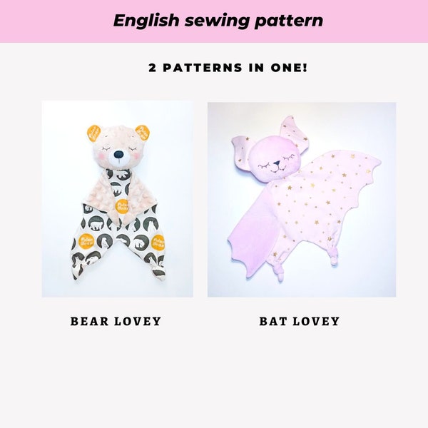 2 in 1 PDF sewing pattern Bear and Bat Security blanket Baby lovey Stuffed animal