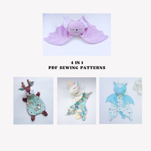 May include: Four PDF sewing patterns for making plush toys. The patterns include a bat, a deer, a unicorn, and a dragon. Each pattern features a different color and design.