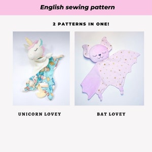 2 en 1 PDF Patrón de costura Unicornio y murciélago Manta de seguridad Bebé adorable Animal de peluche