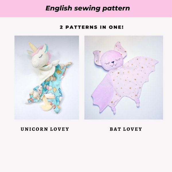 2 in 1 PDF sewing pattern Unicorn and Bat Security blanket Baby lovey Stuffed animal