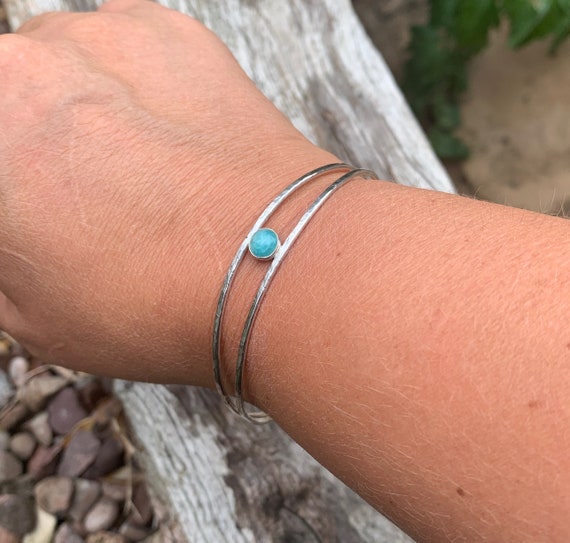 Handmade Gemstone textured sterling silver cuff bangle