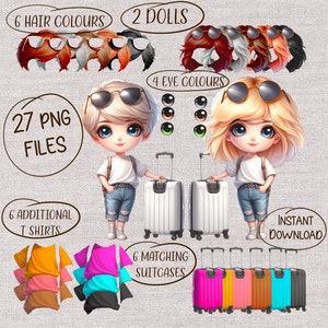 Chibi-pop voor reismeisjes. 2 poppen, lang en kort haar; oog, t-shirt, haarkleur en koffer clipart. 27 PNG, sublimatie, personaliseren