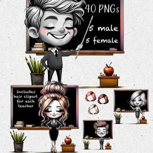 Grillige leraren, 5 mannen, 5 vrouwen + haarclipart. 40 png-bestanden. Sublimatie, afdruk. Direct downloaden. Leraar cadeau.