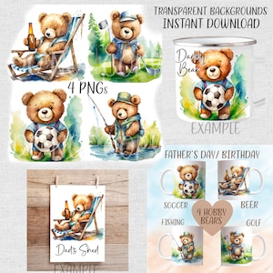 4 hermosos ositos de peluche de acuarela; pesca, golf, cerveza, fútbol/fútbol. Ideal Día del Padre, Cumpleaños, Abuelo. 4 PNG. sublimación, impresión