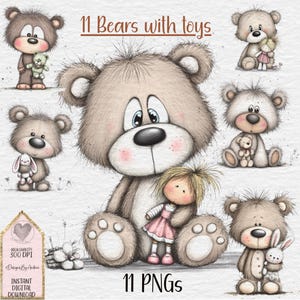 Op de afbeelding: Digitale illustratie van elf teddyberen met speelgoed. De beren staan in verschillende poses, met poppen, konijnen en ander klein speelgoed. De afbeelding bevat de tekst "11 Bears with toys" en "11 PNGs".