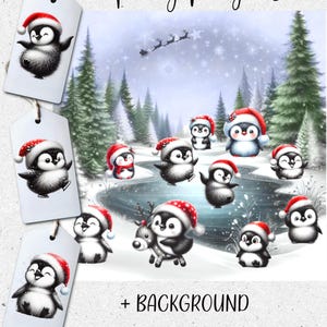 Carino e divertente pinguino di Natale PNG clipart con sfondo GRATUITO. 10 membri della famiglia dei pinguini. Download immediato. 11 PNG. Sublimazione, stampa