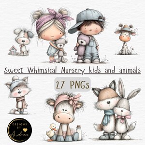Puede incluir: Una colección de ilustraciones caprichosas para guardería con niños y animales. La imagen incluye una niña con un oso de peluche, un niño con un oso de peluche y varios animales. El texto dice "Sweet Whimsical Nursery kids and animals" y "27 PNGs".
