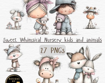 Sweet Whimsical Nursery Kids and Animals Clipart Set |  27 PNG Bundle | Instant Download