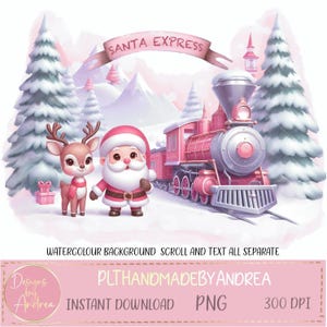 Roze kerstmanscène, kerstmansneltrein. Met/zonder achtergrond, banner en tekstbestanden, afzonderlijke sublimatie, print. 4 png-bestanden. Directe download