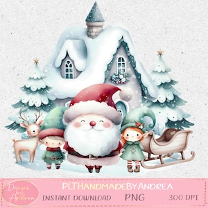 Scena stravagante di Babbo Natale e degli elfi con simpatiche renne. Biglietti, vestiti, sacchetti regalo ecc. Sublimazione o stampa. Download immediato. PNG natalizio.