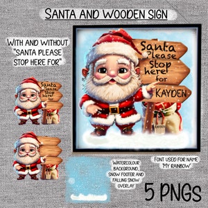 Święty Mikołaj i drewniany znak „Santa please stop here for”, również plik bez tekstu. Zawiera akwarelowe tło, stopkę śniegu i nakładkę śniegu. 5 PNG