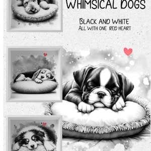 May include: A set of 29 black and white illustrations of dogs sleeping on pillows. Each illustration features a red heart. The text "Whimsical Dogs" and "Black and White All with one Red Heart" is displayed above the illustrations.