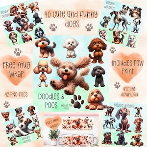 Puede incluir: Un conjunto de ilustraciones digitales de 40 perros de dibujos animados lindos y divertidos en varias poses y tamaños. El conjunto incluye una envoltura de taza gratuita y un diseño de huella de pata. El texto "40 perros lindos y divertidos" está en la parte superior de la imagen. El texto "Envoltura de taza gratuita" está en la esquina inferior izquierda de la imagen. El texto "Incluye huella de pata" está en la esquina inferior derecha de la imagen. El texto "42 archivos PNG" está en la esquina inferior izquierda de la imagen. El texto "Descarga instantánea" está en la esquina inferior derecha de la imagen.