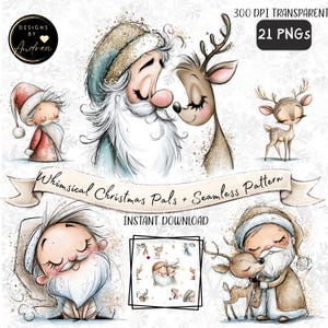 May include: A digital collection of 21 PNG files featuring illustrations of Santa Claus and reindeer with gold glitter accents. The text reads: Designs by Andrea, 300 DPI Transparent, 21 PNGs, Whimsical Christmas Pals + Seamless Pattern, INSTANT DOWNLOAD.
