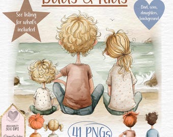 May include: Watercolor illustration titled "Dads & Kids" featuring a father and two children sitting on a beach, facing the ocean. The image includes the text "41 PNGs" and "Instant Digital Download". The style is soft and whimsical.