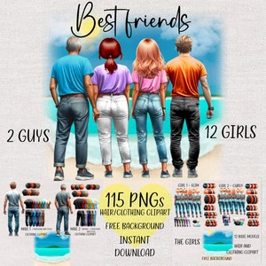 Può includere: Un'illustrazione digitale di quattro persone in piedi su una spiaggia. Due uomini e due donne indossano abiti casual. Il testo "Best friends" è in alto nell'immagine. Il testo "2 Guys" è in basso a sinistra dell'immagine. Il testo "12 Girls" è in basso a destra dell'immagine. Il testo "115 PNGs Hair/Clothing Clipart Free Background Instant Download" è al centro dell'immagine.