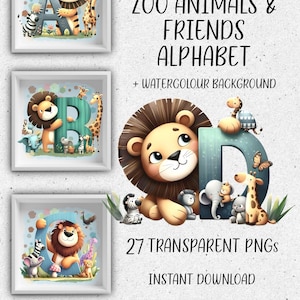 Zoo Löwen und Freunde Alphabet. 26 PNGs. Verspielte Löwen, Giraffen, Zebras und mehr. Ideales Kinderzimmer, Geschenkidee zum Geburtstag. Sublimation, Druck