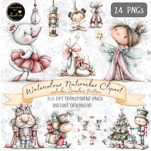 May include: A digital collection of 24 watercolour illustrations featuring a nutcracker, a ballerina swan, a fairy with a star wand, a mouse with gifts, ballet slippers, and a Christmas tree, all set against a background of snowflakes.