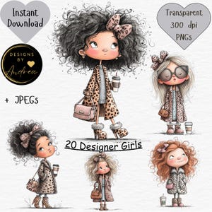 Op de afbeelding: Digitale illustraties van modieuze meisjes in jassen met luipaardprint, met koffiebekers en handtassen. De afbeelding bevat tekst met "Instant Download", "Designs by Andrea", "+ JPEGs", "Transparent 300 dpi PNGs", en "20 Designer Girls".