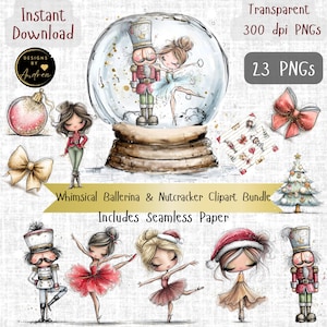 Puede incluir: Un paquete de imágenes prediseñadas digitales que incluye una bola de nieve con un cascanueces y una bailarina, ilustraciones individuales de bailarinas, cascanueces, árboles de Navidad, lazos y papel estampado, titulado Whimsical Ballerina & Nutcracker Clipart Bundle.