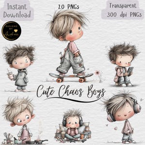 Pode incluir: Download digital com ilustrações em aquarela de meninos fofos em várias poses. As imagens incluem um menino em um skate, um com fones de ouvido e outro usando um telefone. O texto diz "Cute Chaos Boys."