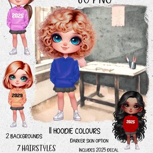 School Leavers Chibi Doll Clipart: 60 PNGs, Hoodie & Hair Options (Digital Download)